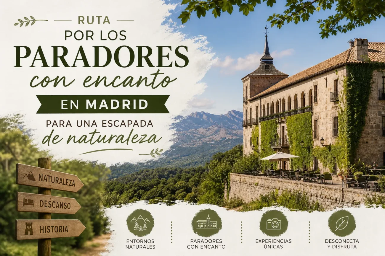 Ruta-por-los-Paradores-con-encanto-en-Madrid-para-una-escapada-de-naturaleza | Paradores.tv Promotional banner for Paradores in Madrid: ivy-covered historic building by hills, with wooden signposts and the headline 'Ruta por los Paradores con encanto en Madrid'