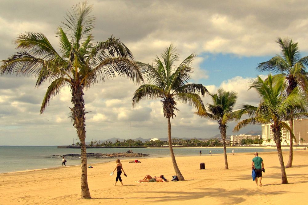 El turismo en Lanzarote y la búsqueda de alojamientos tranquilos en entornos volcánicos - - 779951 - Finca Tamaragua | Paradores.tv El turismo en Lanzarote y la búsqueda de alojamientos tranquilos en entornos volcánicos - Sunlit sandy beach with tall palm trees, people relaxing on the shore, and a calm sea under a partly cloudy sky.